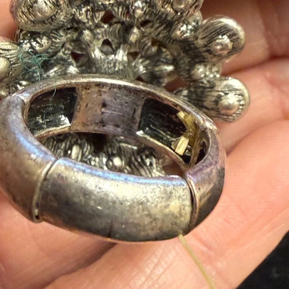 Multicolor Rhinestone Cluster Stretch‎ Cocktail Ring Antiqued Silver Tone Domed